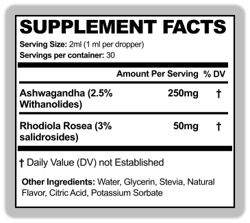 SUPPLEMENT FACTS Serving Size: 2ml (1 ml per dropper) Amount Per Serving % DV Servings per container: 30 Ashwagandha (2.5%  Withanolides)  Other Ingredients: Water, Glycerin, Stevia, Natural  Flavor, Citric Acid, Potassium Sorbate † Daily Value (DV) not Established 250mg † Rhodiola Rosea (3%  salidrosides) 50mg †