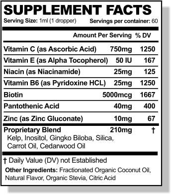 SUPPLEMENT FACTS Serving Size: 1ml (1 dropper) Amount Per Serving % DV WL Servings per container: 60 Vitamin C (as Ascorbic Acid)  Other Ingredients: Fractionated Organic Coconut Oil,  Natural Flavor, Organic Stevia, Citric Acid † Daily Value (DV) not Established 750mg 1250 Vitamin E (as Alpha Tocopherol)  50 IU 167 Niacin (as Niacinamide)  25mg 125 Vitamin B6 (as Pyridoxine HCL)  25mg 1250 Biotin  5000mcg 1667 Pantothenic Acid 40mg 400 Zinc (as Zinc Gluconate)  10mg 67 Proprietary Blend   Kelp, Inositol, Gingko Biloba, Silica,   Carrot Oil, Cedarwood Oil  210mg †