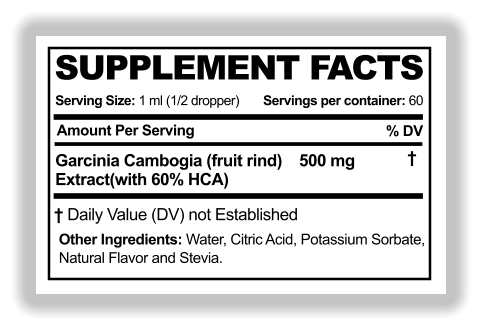 SUPPLEMENT FACTS SUPPLEMENT FACTS Serving Size: 1 ml (1/2 dropper) Amount Per Serving % DV WL Servings per container: 60 Garcinia Cambogia (fruit rind)    500 mg Extract(with 60% HCA) † Other Ingredients: Water, Citric Acid, Potassium Sorbate,  Natural Flavor and Stevia. † Daily Value (DV) not Established