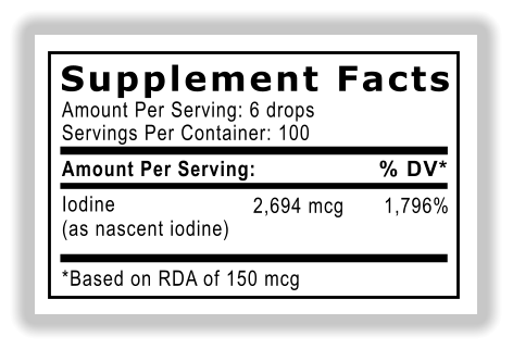 Supplement Facts Amount Per Serving: 6 drops Servings Per Container: 100 Amount Per Serving: Iodine (as nascent iodine) *Based on RDA of 150 mcg % DV* 2,694 mcg 1,796%